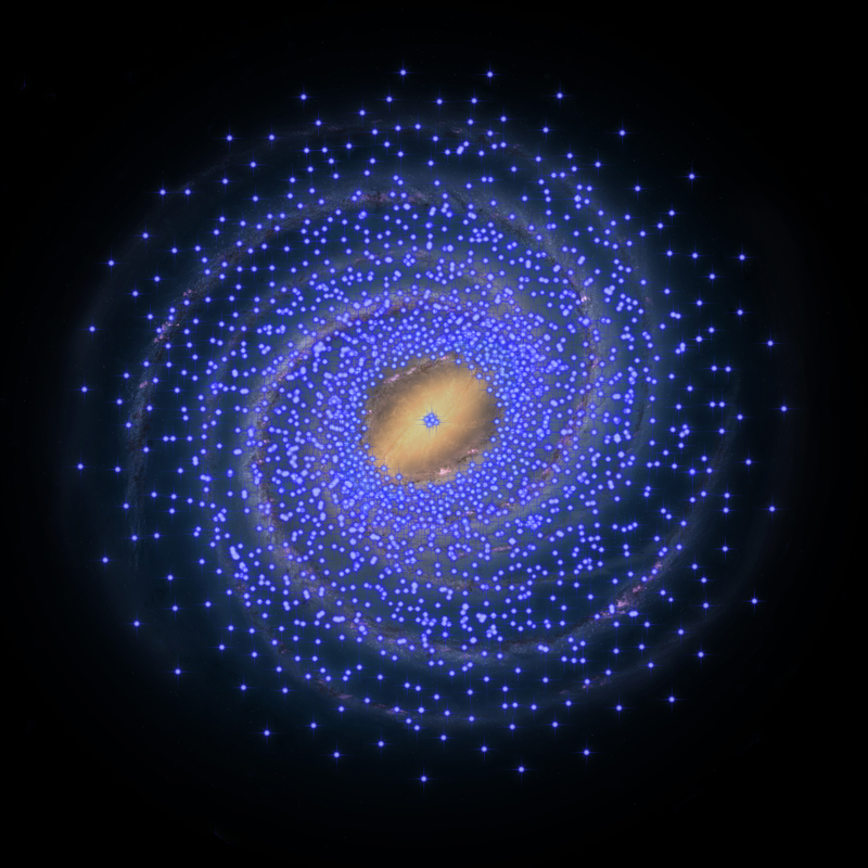The distribution of young stars, called Cepheids, is shown in blue. Aside for a small clump at the galactic center, the central 8,000 light years features very few Cepheids. (Image: University of Tokyo)